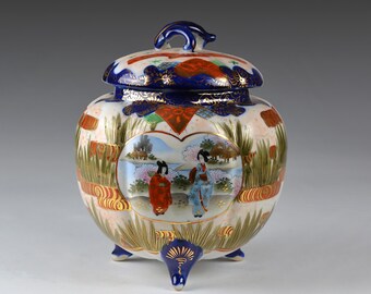 Antique Meiji Kutani Porcelain Cookie Jar: Handpainted Geisha, Cobalt Blue & Gold H7.7"/19.5cm (N2378)