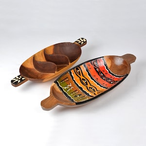 Pair of African Hand Carved Painted  Decorative Oval Hardwood Bowl Key/Coin Holder Dishes  (N2999)