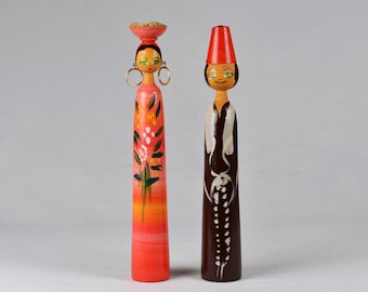 Pair of Vintage Egyptian Folk Art Hand Painted Wood Spindle Dolls Art dolls 10.7”/27.3cm (N3710)