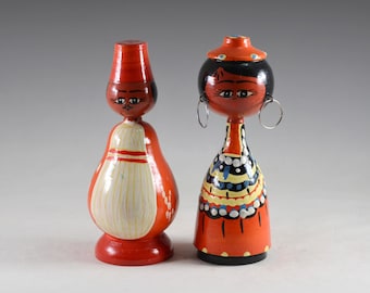 Vintage Egyptian Folk Art Hand Painted Figurine Wood Spindle Doll Peg Doll Set Couple 6.8&quot;/17.3 cm (N2564)