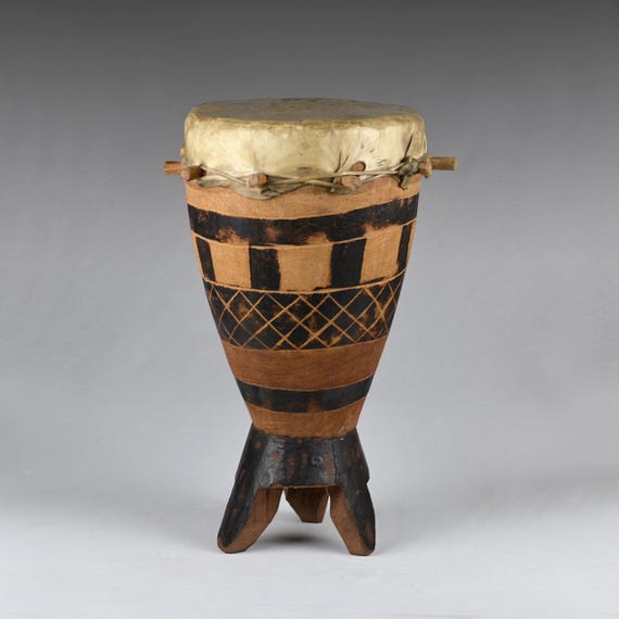 Vintage Handmade Rawhide Wooden Drum Geometric Pyrography, West