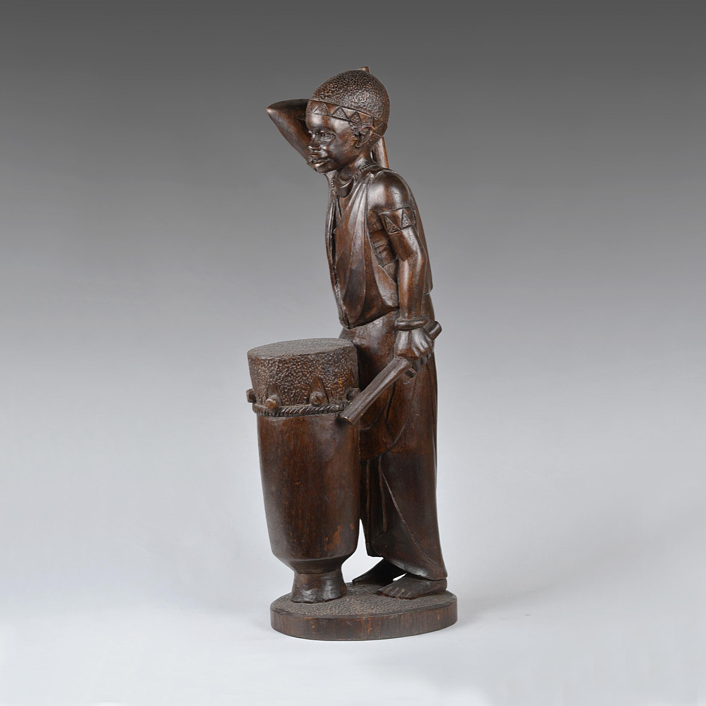 Vintage Burundi Wood Sculpture: Hand Carved Drummer by Bernard