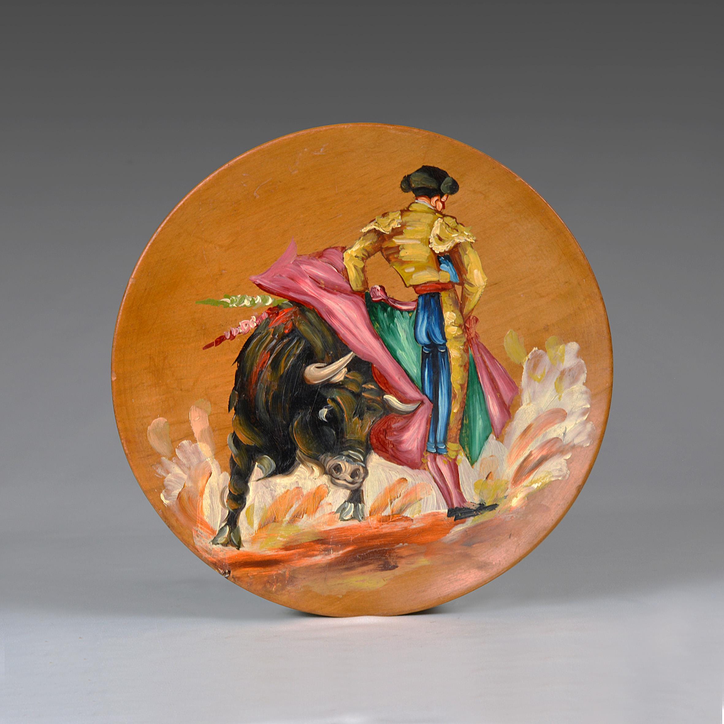 Vintage Spanish Bullfighter Oil Painting on Wood Plate (9.8