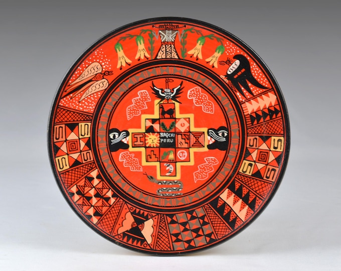 Inca Plate Vintage Andean Folk Art Inca Style Peruvian Hand Painted Wooden Plate ...