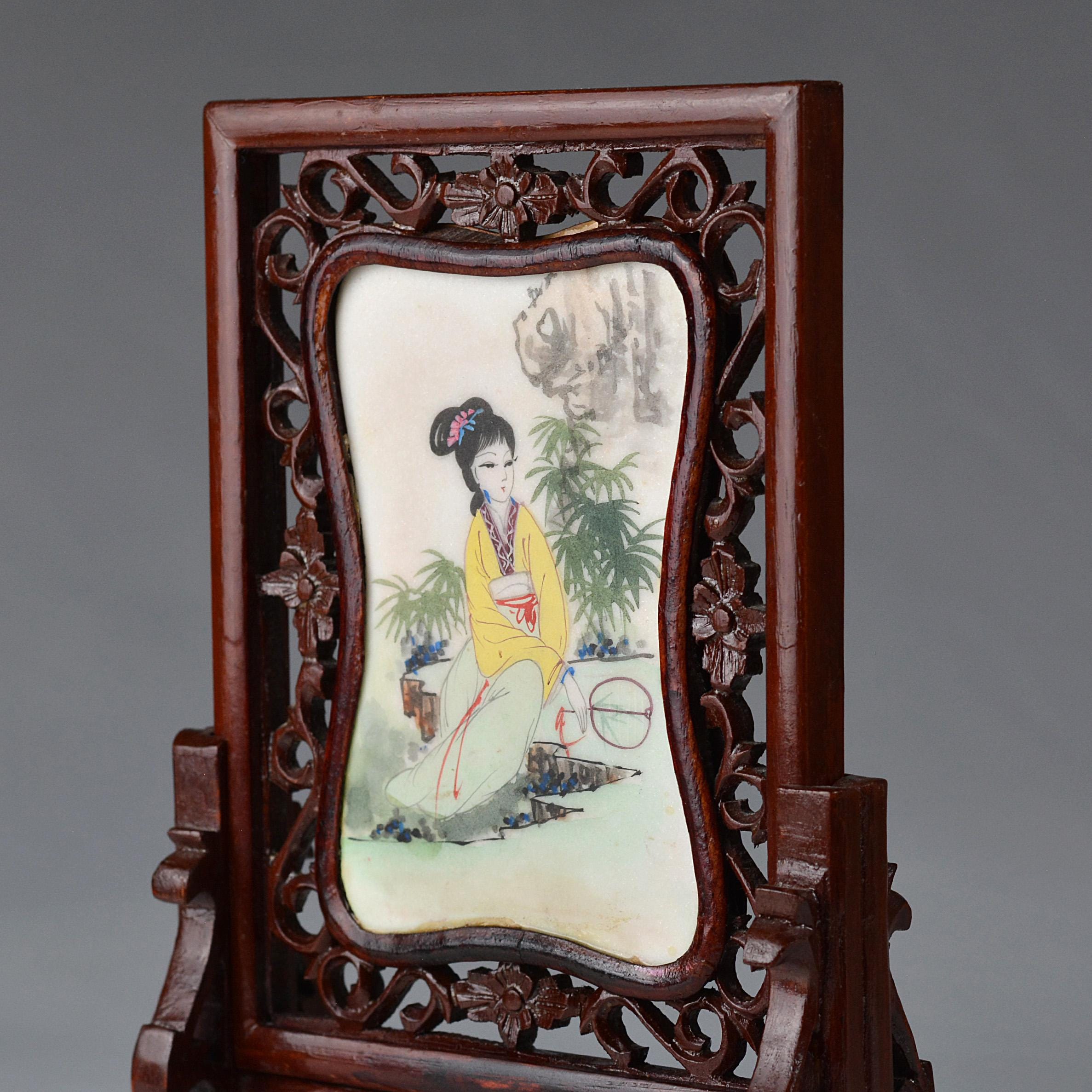 ヴィンテージ手描き石製衝立、中国民芸装飾品、高さ22.5cm（N3278