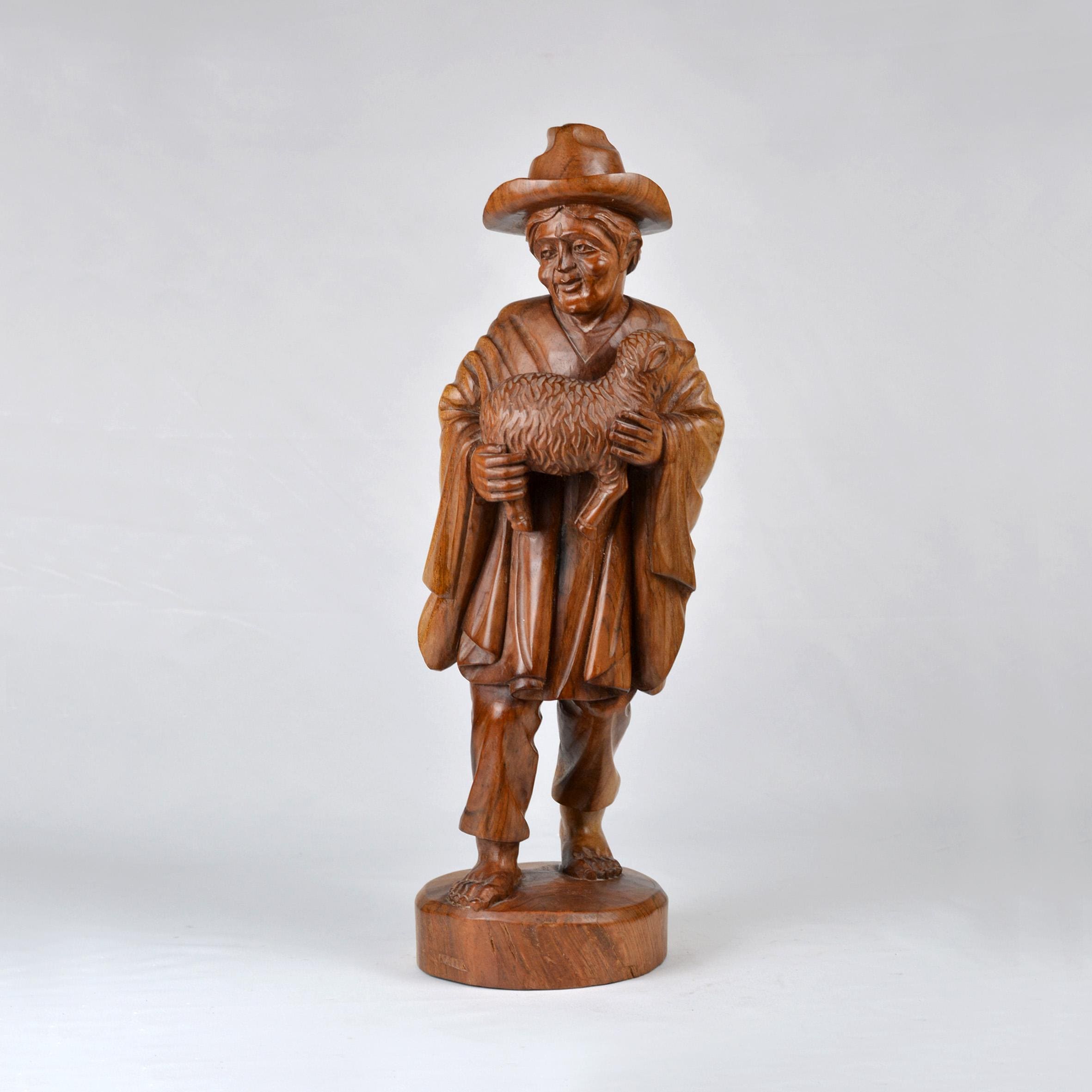 Hand Carved Andean Shepherd Figurine: South American Wooden