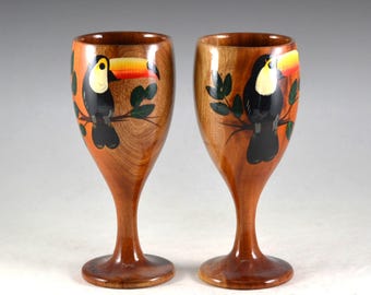 Hand Crafted Wooden Goblets with Hand Painted Tropical Toucan Bird Patterns Made in Curaçao Island 7.0”/17.8cm (N0363)