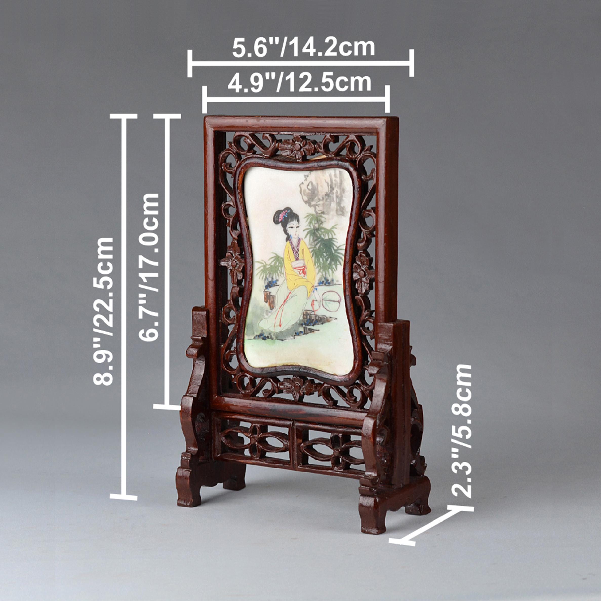 ヴィンテージ手描き石製衝立、中国民芸装飾品、高さ22.5cm（N3278