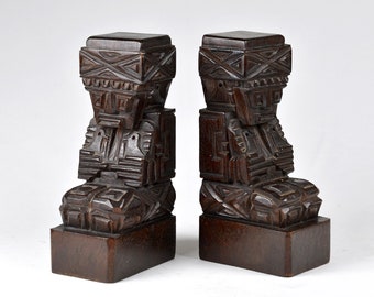 Vintage Andean Art Hand Carved Tiahuanaco/Tiwanaku Totem Sculpture Wooden Bookends from Bolivia Circa 1960s 8.6”/22cm (N3339)