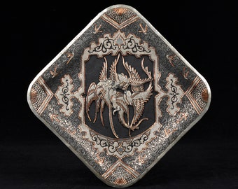 Vintage Engraved Metal Plate: Traditional Ghalamzani Art H9.8"/25cm (N3283)