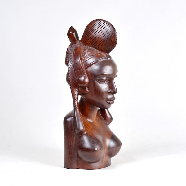 Heavy Vintage African Art Hand Carved Ironwood Nude Fulani Woman Bust Sculpture 13"/33cm (N2966)