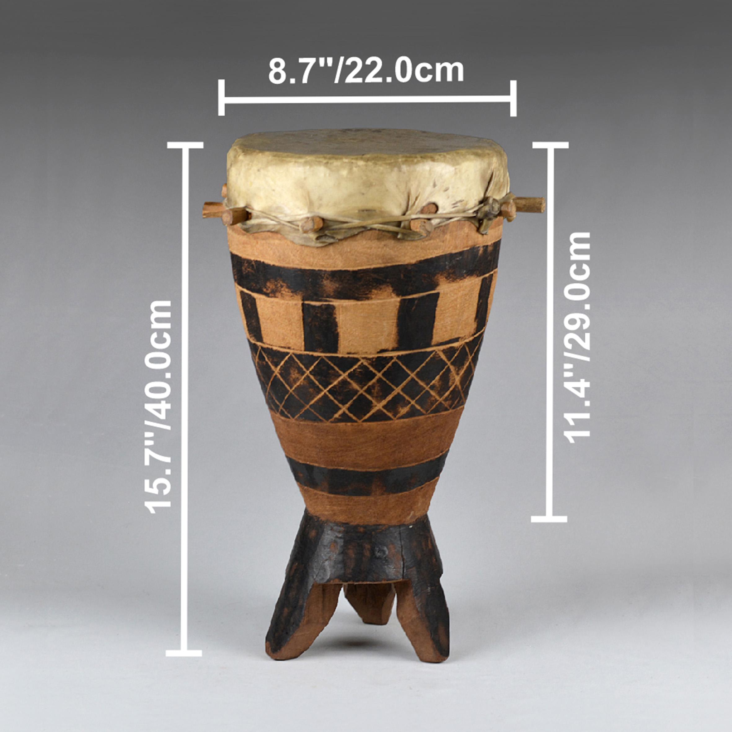 Vintage Handmade Rawhide Wooden Drum Geometric Pyrography, West