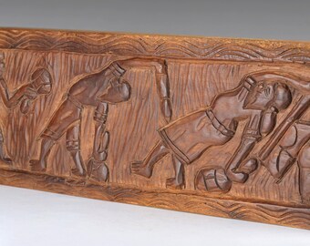 Hand Carved African Tribal Wood Plaque - Vintage Wall Art (23.3