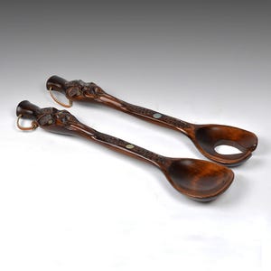 Vintage Maori Tribal Head Spoons: Carved Paua Shell Inlay, New Zealand (14.1&quot;/36 cm) (N3218)