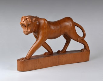 Vintage Hand Carved Wooden Tiger Sculpture, South Asian for art L14.6”/37cm (N2318)
