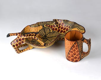 Vintage Hand Carved Wood Giraffe Bowl and Cup: East African Folk Art (N2223)