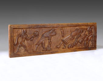 Hand Carved African Tribal Wood Plaque - Vintage Wall Art L23.3