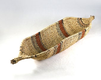 Vintage African Tribal Art Ethiopian Handicrafts Gambela Woven Boat-Shaped Wicker Basket 21.6"/55cm (L)