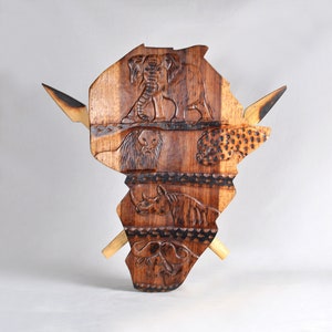 Afrikanische Landkarte von Simbabwe Wandbehang Relief Karte mit 5 großen Tieren aus Hartholz 17.3 ”/ 44 cm (N3147)