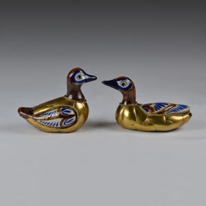 Vintage Tonala Pottery Birds: Mexican Folk Art Ceramic with Brass, 1970s (N4148)