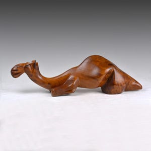 Vintage Moroccan Thuya Wood Camel Sculpture: Hand Carved Wood Art L19.3"/49cm (N2985)