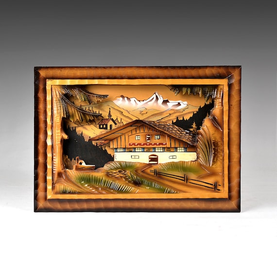 Vintage Hand Carved Black Forest 3D Wood Landscape (12.6”/32cm
