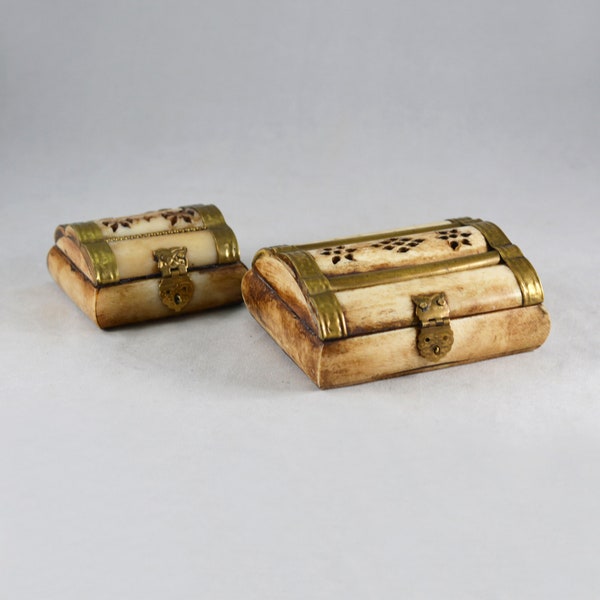 Vintage Folk Art Handmade Camel Bone and Brass Trinket/Jewelry Storage Boxes - Set of 2