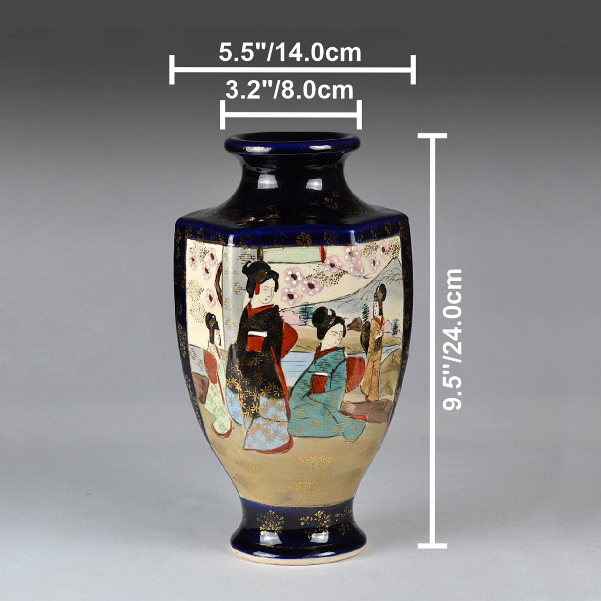 アンティーク 錦光山 薩摩焼 花瓶：手描きの日本磁器装飾（9.5インチ