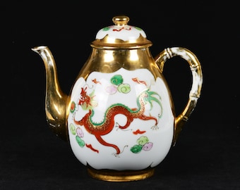 清朝時代のアンティーク手描き龍鳳文磁器ティーポット 1230ml (N3225)