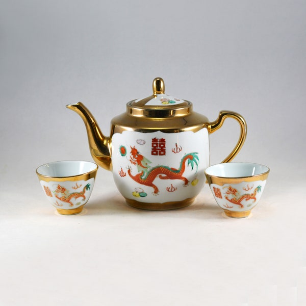 1970s Vintage Chinese Jingdezhen hand painted tea set with dragon and phoenix patterns