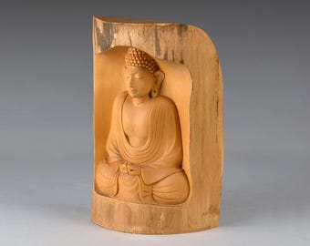 ヴィンテージ手彫り木製仏像、タイ仏像アート（7.7インチ/19.5 cm