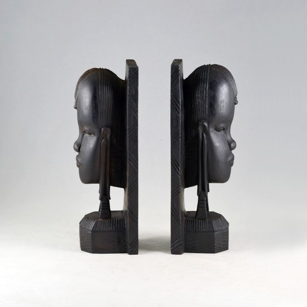 Pair of Vintage African Art Kenyan Hand Carved Ironwood Bookends Tribal Woman Busts 8.9”/22.6cm (H)