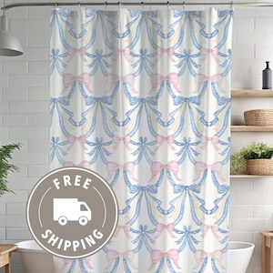 Tenda da bagno con fiocco rosa, tenda da doccia Grandmillennial, shabby chic, stile francese, bagno per bambine blu e rosa