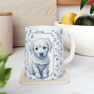 French Toile Dog Coffee Mug, Blue Toile Ceramic Cup for Dog Mom, Dog Lover Gifts, Dog Tea Drinkware, Puppy Mug, Pet Lovers Kitchen Decor,