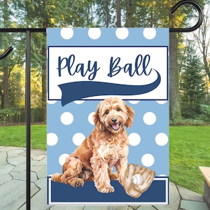 Bandera de jardín con diseño de béisbol Goldendoodle, decoración para el patio delantero, bandera personalizada