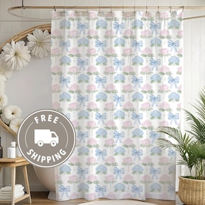 Coquette Preppy Shower Curtain, Pink Bow Chic Bathroom Decor, Bathroom Curtain, Shabby Chic, French Country, Hydrangeas Floral Collection