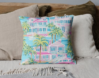 Coastal Pillow, Preppy Room Decor, Dorm Room, Dorm Room Decor, Palm Beach, Beach House, Palm Leaves, Light Teal and Hot Pink