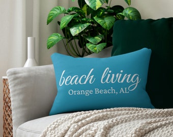 Beach Living Personalized City Name Polyester Lumbar Pillow | Throw Pillow | Pillow for River House Lake House Beach House