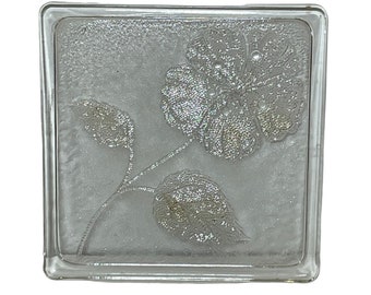 Vintage Etched Clear Glass Flower Trivet 5.5 Inches Square