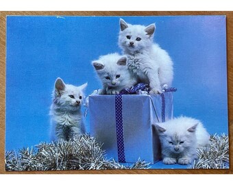 Vintage Christmas New Year Greeting Card White Kittens Silver Gift Tinsel Cats