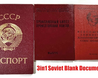Pasaporte auténtico 3 en 1 de la URSS, documento de identidad en blanco, tarjeta de identificación de la República Soviética, Rusia y Ucrania, documento del Komsomol del sindicato, marca de agua, sin emitir, cosplay