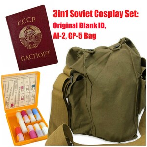 Conjunto de cosplay soviético original 3 em 1, passaporte em branco da URSS, documento de identidade, marca d'água da República Russa e Ucraniana, kit AI-2, bolsa para máscara de gás gp-5