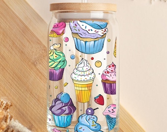 Colorful Cupcake Glass Cup, 16oz Cupcake Glass Tumbler, Libbey Iced Coffee Can, Summer Sipper Mug, Cold Drink Cup, Bamboo Lid,Mason Jar Gift