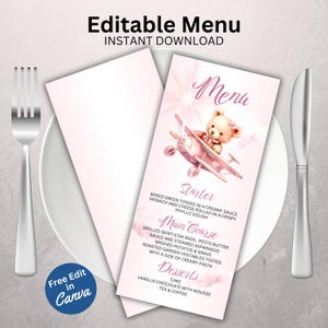 Bearbeitbare Menüvorlage, druckbare rosa Babyparty, benutzerdefinierte Mädchen-Abendessen-Menü-Karte, Boho Bär Kindergeburtstag-Gastgeschenk sofortiger Download BS104