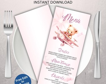Editable Menu Template, Printable Pink Baby Shower, Custom Girl Dinner Menu Card, Boho Bear Kids Birthday Party Favor Instant Download BS104