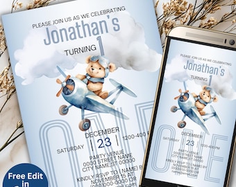 Editable Birthday Invitation Printable Blue Airplane Kids Party Invite Template Minimalist Boy Teddy Bear Pilot Card Instant Download BS101