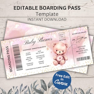 Edytowalny szablon karty pokładowej Wydrukuj różowy bilet lotniczy Niespodziewany voucher na wycieczkę Certyfikat podróży na baby shower Pobieranie cyfrowe BS102