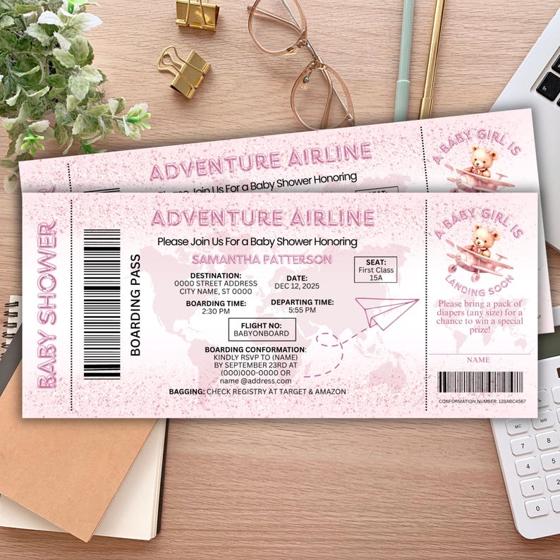 May include: Pink baby shower invitation designed as a boarding pass for "Adventure Airline." The invitation includes details for Samantha Patterson's baby shower, with a teddy bear graphic and the text "A Baby Girl Is Landing Soon."