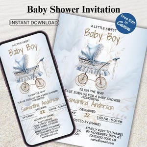 EDITABLE Baby Shower Blue Invitation Template, Printable Boy Classic Stroller Invite, Mobile Birthday Baby Carriage Instant Download BS106