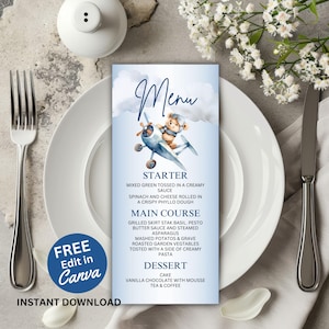 Edytowalny szablon menu na baby shower do wydrukowania Niebieskie menu obiadowe w samolocie Chłopiec Miś Pilot Nowoczesny brunch urodzinowy Natychmiastowe pobieranie BS101